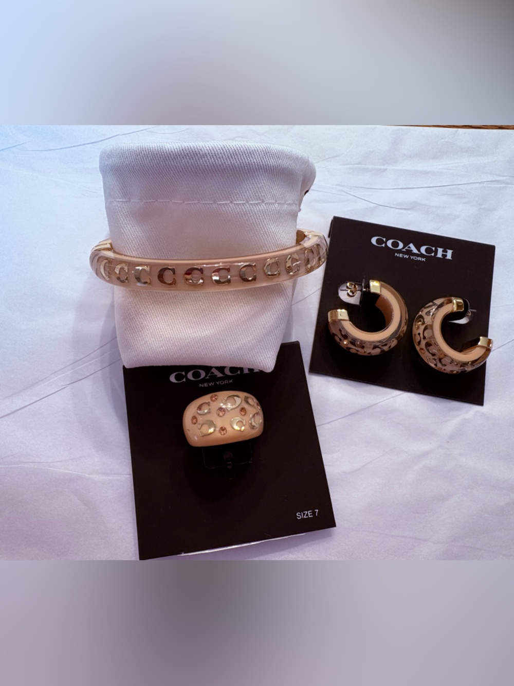 Coach Gold-Tone Bracelet, Hoop Earrings & Ring Set - Beige Accents